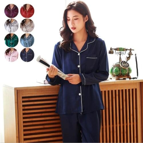 2020 Women Faux Silk Satin Pajamas Set 2 Piece Spring Summer Long Sleeve Sleepwear Pajamas Suit Female Pyjama Plus Size