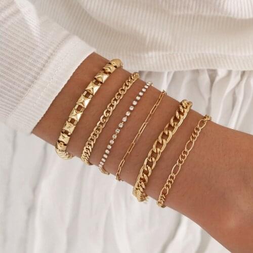 6Pcs/Set Bohemian Geometric Crystal Chain Bracelets for Women Fashion MultiLayer Hip Hop Chunky Chain Bracelet Set Jewelry Gifts