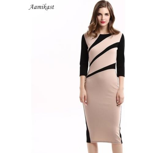 AAMIKAST Women Dresses New O-neck 3/4 Sleeve Sexy Patchwork Vintage Party Business Pencil Bodycon Back Zipper Forking Dresses