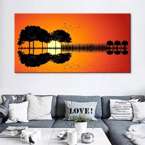 Abstract Sunset Landscap Guitar Canvas Poster Landscape Wall Art Painting Living Room Wall Hanging Modern Art Print Home Decor