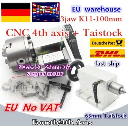 DE ship K12-100mm 4 jaw chuck 100mm 4th Axis+Tailstock CNC dividing head Rotation Axis kit for CNC router woodworking engraving