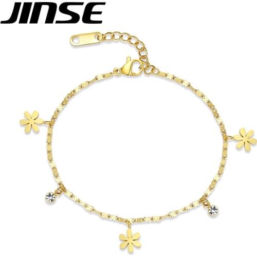 JINSE Gold Bracelet Stainless Steel Fshion Jewelry for Women Bohemian Hip Hop Jewelry Daisy Flower and Round CZ Beads Charm Gift