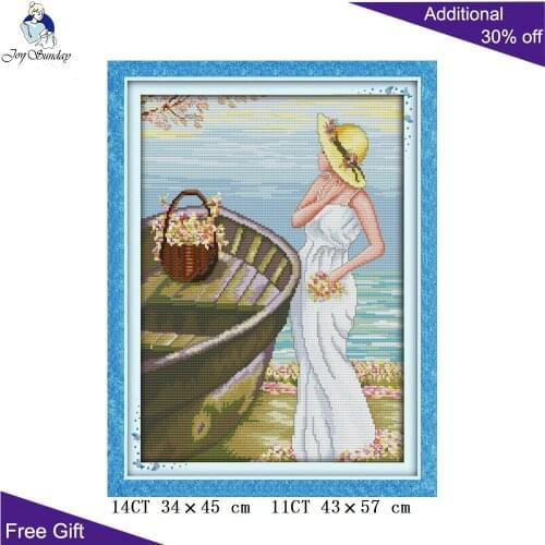 Joy Sunday Seaside Woman Needlework R358(2) 14CT 11CT Counted and Stamped Home Decoration Beauty Embroidery Cross Stitch kits