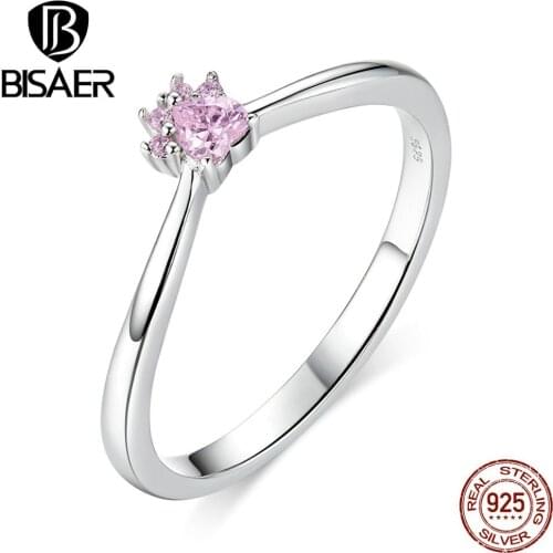 Footprints Rings BISAER 925 Sterling Silver & Pink Zircon Dog Cat Little Footprints Finger Rings Korean Silver Jewelry ECR628