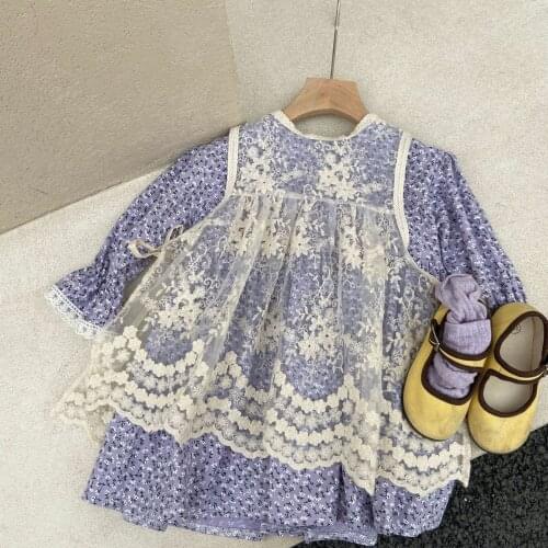 2-7 Y Toddler Girl Dress Sets Spring New Baby Girls Fashion Clothing Set Korean Floral Long Sleeve Dress Lace Vest Girl 2pcs Set