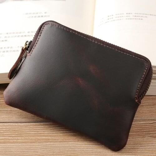 Cow Leather Coin Wallet Handmade Vintage Coin Purses Zipper Mini Money Bag Genuine Leather Wallets for Men