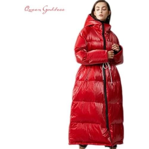 Winter Europen Fashion Popular Womens White Duck Down Long Jacket Oversize Waterproof Parkas with Hood Bright Material Coat