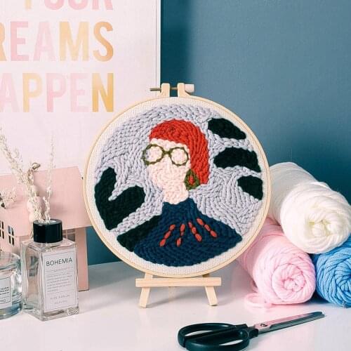 Fashion Cartoon Pattern Punch Needle DIY Embroidery Kit With Hoop Needlework Wool Work Beginner Sewing Kits Handmade Decor Gift