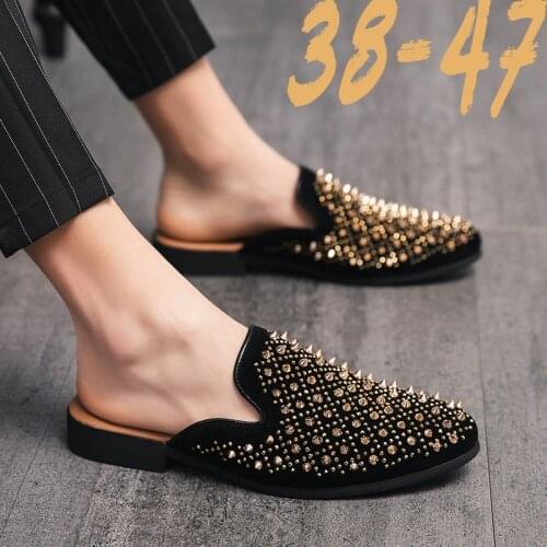 Fashion Summer Mens Suede Leather Open Back Slip-On Dress Slippers On Backless Loafers Half Shoe for Men Mules Slides Plus Size