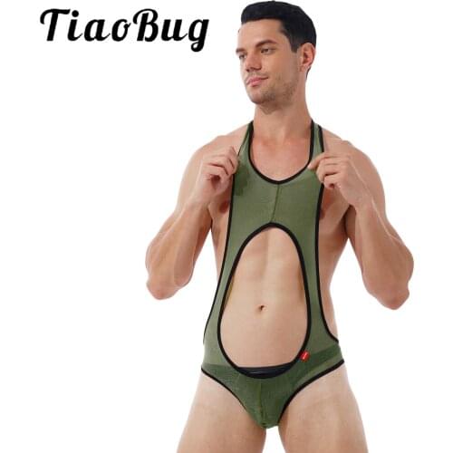 Mens Erotic Bodysuit See-through Mesh Catsuit Hollow Out Sleeveless Bulge Pouch Romper Leotard Gym Exercise Wrestling Singlet