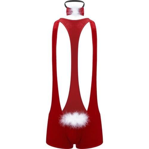 Mens Soft Velvet Christmas Lingerie Wide Shoulder Straps Racer Back Leotard Bodysuit Wrestling Singlet Underwear with Bowtie