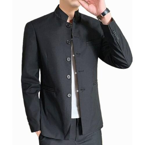 Autumn New Men Retro Suit Blazer Coat Single-Breasted Stand-Up Collar Male Long-Sleeved Jacket Black Blue Wine Red Overcoat 5xl