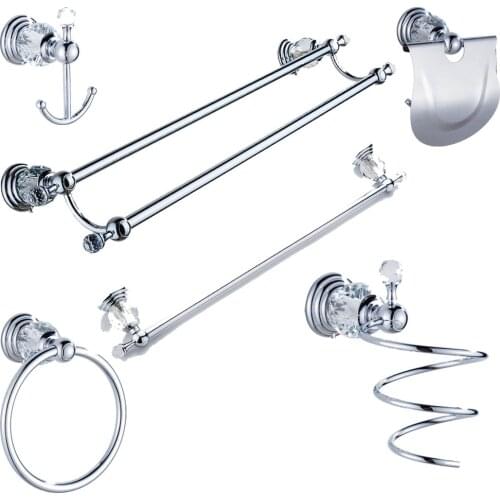 Leyden Metal&Crystal Chrome Bath Hardware Sets Silver Wall Mounted Clothes Hook Towel Ring Towel Bar Holder Hair Dryer Rack