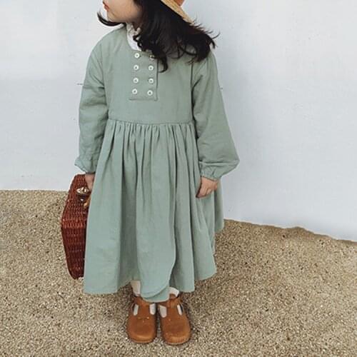 Spring Autumn New Kids Dress 2021 Baby Girls Long Sleeve Korean Style Solid Dress Fashion Solid Princess Dress For Girls Clothes