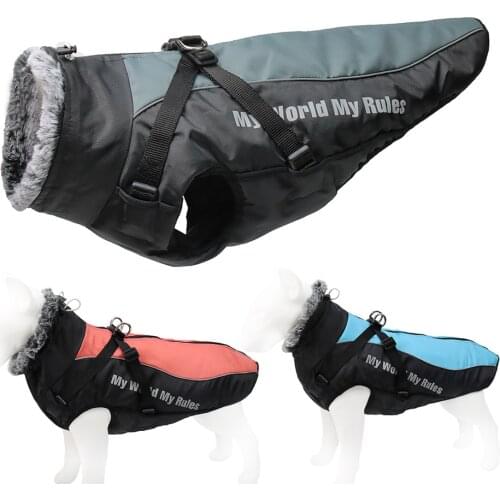 Large Dog Clothes Waterproof Warm Reflective Line Jacket Winter Plush Collar Thicken Coat For Labrador Golden Retriever Bulldog