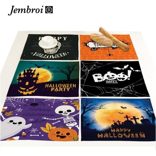 Halloween Day Pumpkin Print Faux Linen Placemats for Dining Table Cup Coaster Cartoon Ghost Bat Spider Fridge Mats Home Decor