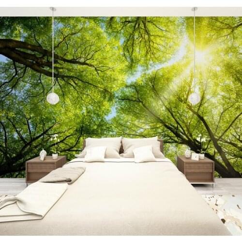 Custom Size 3D Photo Mural Sunshine Throught Trees Removable Wall Papers Self-adhesive Vinyl Wall Sticker Art Post Home Decor