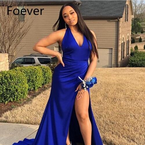 Sexy Deep V-Neck Slit Mermaid Long Prom Dress 2019 Simple Royal Blue Halter Pleat Formal Party Dresses