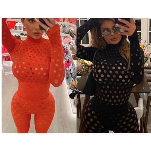 Sexy see-through turtleneck knitted mesh street trendsetters breathable close-fitting tracksuit