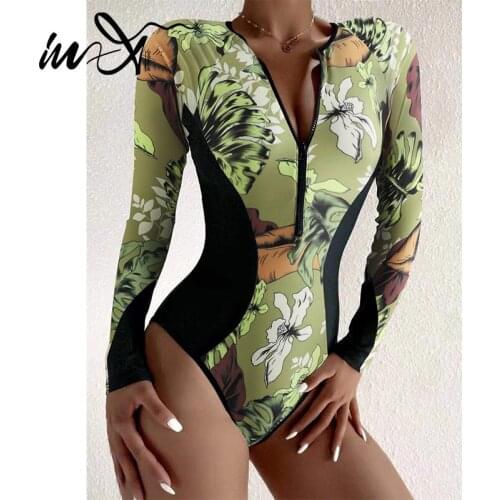 In-X Print one piece swimsuit women Sports swimwear female Print bodysuit Zipper bathing suit Sexy beach wear monokini 2021 new