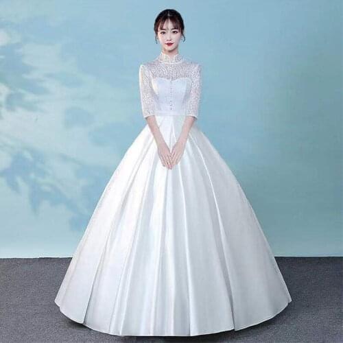 Wedding Dress Button High Neck Empire Half Sleeves Backless Fashion Floor-Length Tulle Plus Size Wedding Gowns For Women G249