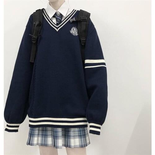Autumn Winter New College Style Japanese V-neck Loose Sweater Female Student Korean Loose Casual Outwear School Uniform