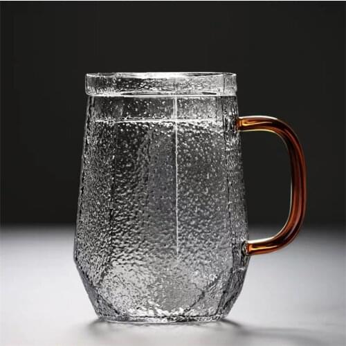 Heat Resistant Glass Transparent Teacup Office Water Cup with Handle and Lid Japanese Large Capacity Hammer Pattern Coffee Mug