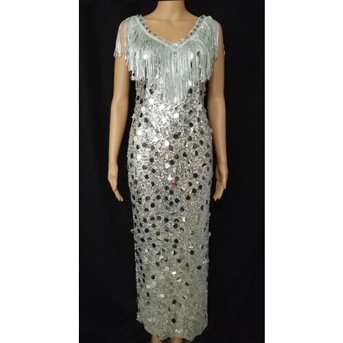 V42 Sexy silver rhinestones women dress sequins sparkly sleeveless tassel perform long skirt bar wears costumes v-neck outfit ds