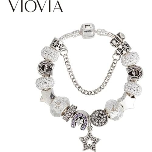VIOVIA Brand Jewelry Silver Color Star Charms Bracelets & Bangles Crystal Beads Bracelets for Women Gift B17134