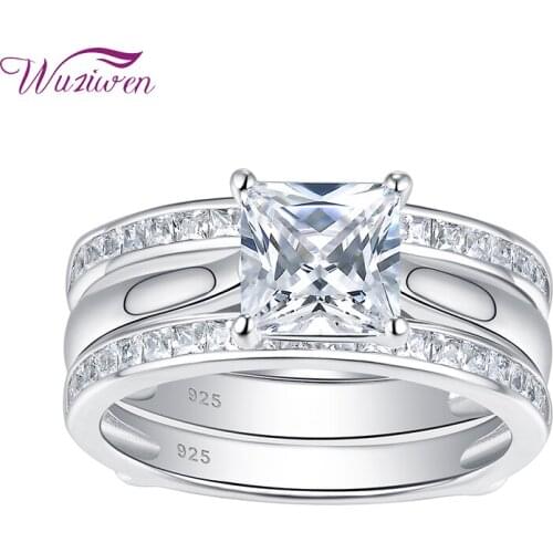 Wuziwen 2 Pieces 925 Sterling Silver Wedding Engagement Rings For Women Solitaire Princess Cut Eternity Guard Band AAAAA Zircons