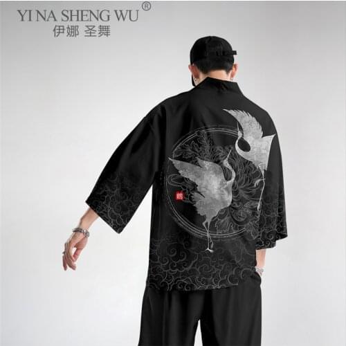 Japanese Kimono Cardigan New Crane Printing Coat Kimono Jacket Men Kimono Set Men Haori Yukata Male Samurai Yukata Haori Costume