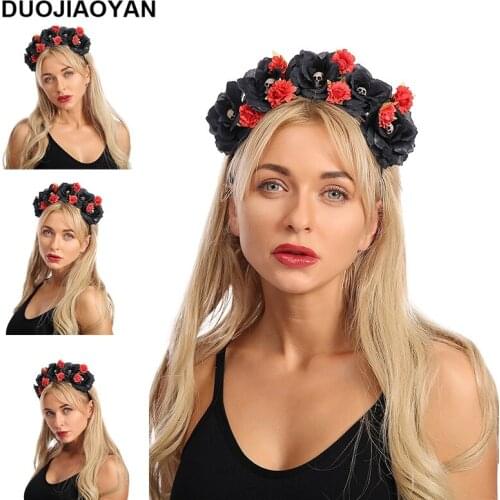 DUOJIAOYAN Fashion lady Halloween big black rose flower dress up hair accessories personality skull headband female
