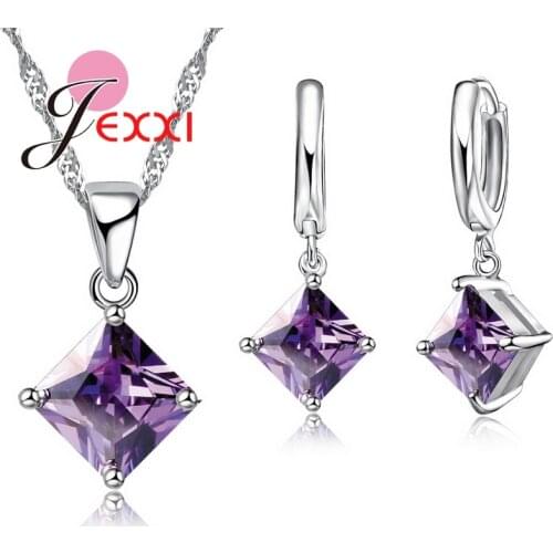 Women Accessories Pendant Necklace Earrings Jewelry Set Girl Square Shinny CZ Crystal Pendant 925 Sterling Silver