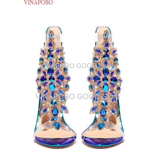 Bling Bling Sexy Crystal PVC Stiletto High Heels Sandals Open Toe Ankle Wrap Pumps Rhinestone Gladiator Woman Sandals zapatillas