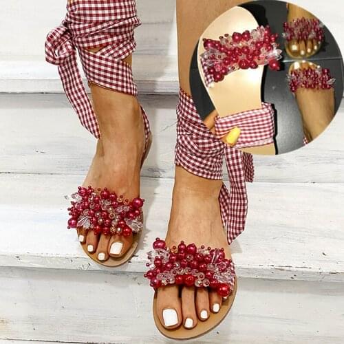 2021 Women Flat Sandals Ankle Strap Beaded Special Handmade Sandals Womens Shoes Beach Sandals Plus Size 35-43