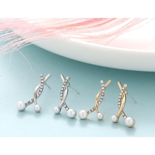 Delicate Spark Rhinestone Cross Earrings for Women Girl Gold Color Twisted Metal Imitation Pearl Drop Earrings Party Jewelry