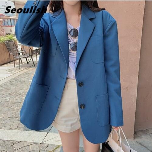 Seoulish New 2021 Spring Blue Single Breasted Womens Blazers Female Formal Jackets Elegant Loose Outerwear Pockets Chic Tops