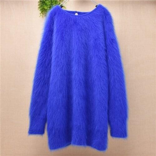 Home women medium long fashion mink cashmere solid o-neck loose fluffy angora rabbit fur hand knitted pullover sweater dress