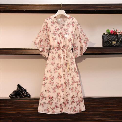 Womens waist slimming V-neck floral dress womens summer new style ruffled trumpet sleeves covering belly