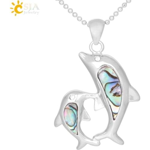 CSJA Abalone Shell Necklace Natural New Zealand Blue Mother Pearl Double Dolphin Cute Animal Pendants Paua Women Jewelry F326