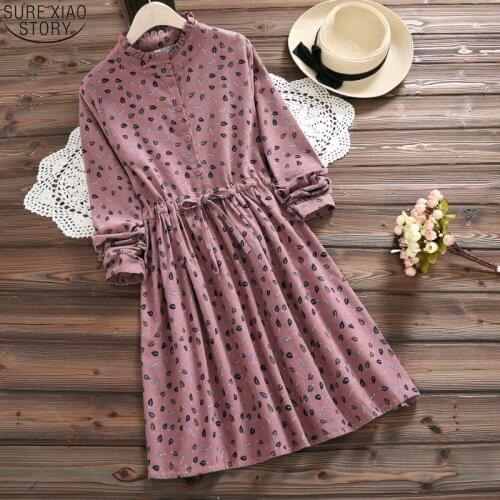 2020 Spring Autumn Elegant Vintage Vestidos Women Elbise Casual Loose Long Sleeve Printed Drawstring Waist Dresses Robe 7427 50