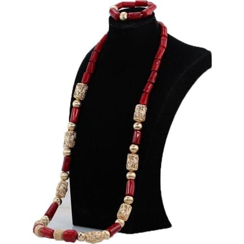45Inches Wnie Red Men Coral Bead Necklace Set African Wedding Party Jewelry for Groom Male Coral Necklace Bracelet Set CNR129