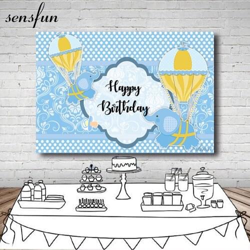 Sensfun Little Boy 1st Birthday Party Backdrops For Photography Blue Theme Hot Air Balloons Elephant Baby Shower Backgrounds