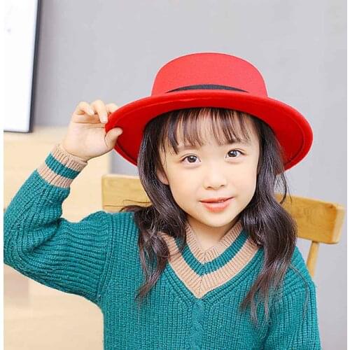 Kids Artificial Wool Boater Flat Top Hat With Black Ribbon For Parent-child Womens Felt Fedora Hat Ladies Bowler Gambler Hats