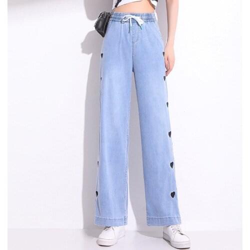 Womens Summer Loose Flared Jeans Lace Up Waist Embroidered Heart Straight Denim Oversize Jeans Female Wide Leg Trousers