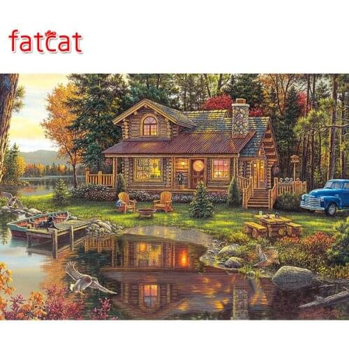 FATCAT Full Square Round Diamond Painting sweet family DIY Diamond Embroidery village Cabin in the Woods Rhinestone Mosaic AE434