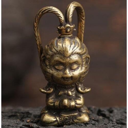 Chinese Fengshui Copper Carving Retro Pure Brass Monkey King Sun Wukong Car Interior Decoration Monkey Buddha Statue
