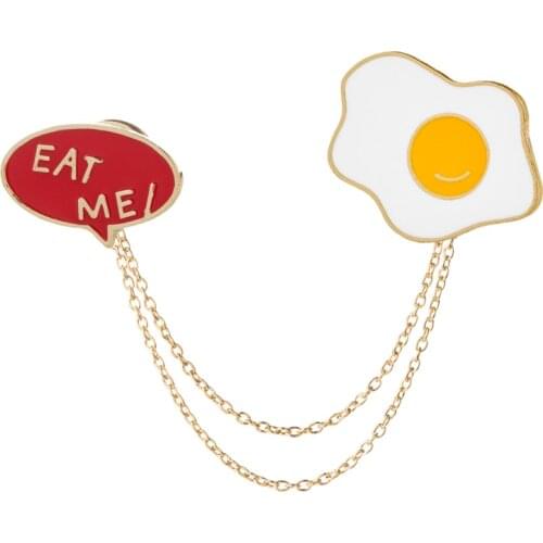 Spaceship Clouds lightning Egg & "Eat me" Charm With Chain Collar Pin Fried Egg Brooch Cute Food Design Breakfast Food Jewelry