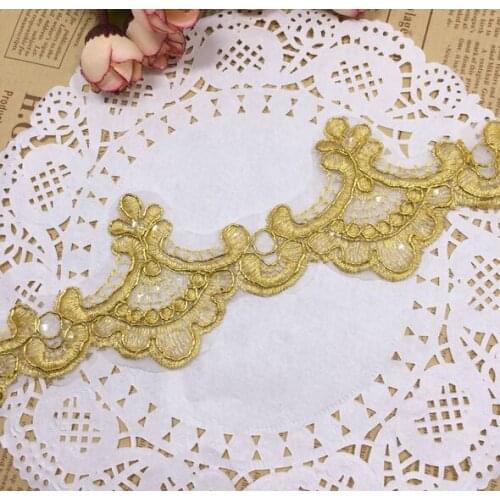 Delicate 9Yards Glitter Gold Wedding Dress Sequins Lace Applique Gold Thread Guipure Gold Lace Trim Accessories 6.5cm LJ0039