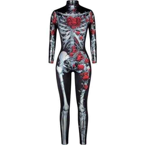 Hot Sale Women Bodysuits Devil Rose Printed Costume Halloween Party Cosplay Jumpsuits Lady Sportswear And Dance Tights Romper